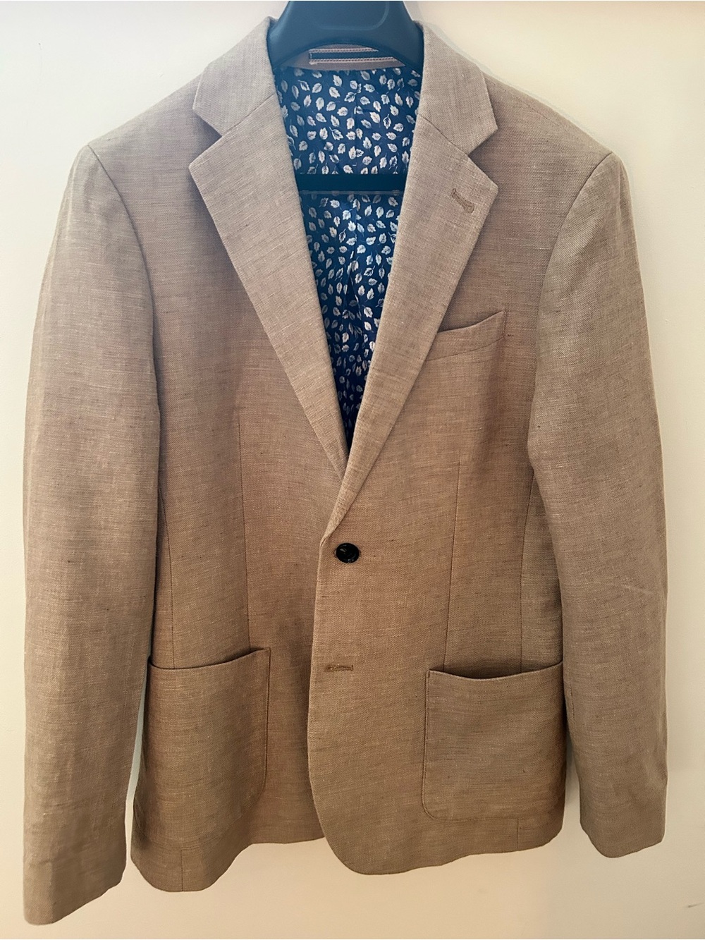 Beige/oatmeal Linen sport jacket with Blue Leaf Lining